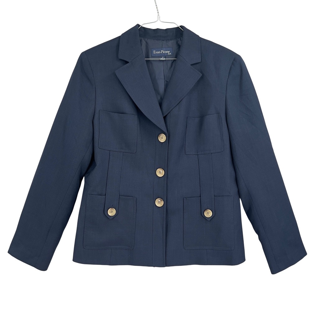 Vintage Evan Picone Womens Lightweight‎ Blazer Navy Blue Safari Jacket 1990s 14